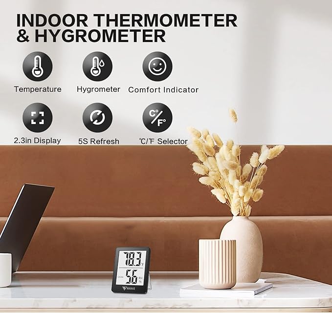 DOQAUS Humidity Meter, 2 Pack Room Thermometer Indoor, Hygrometer with 5s Fast Refresh, Temperature Humidity Monitor Meter for Baby Room, Living Room, Basement, Greenhouse, Office