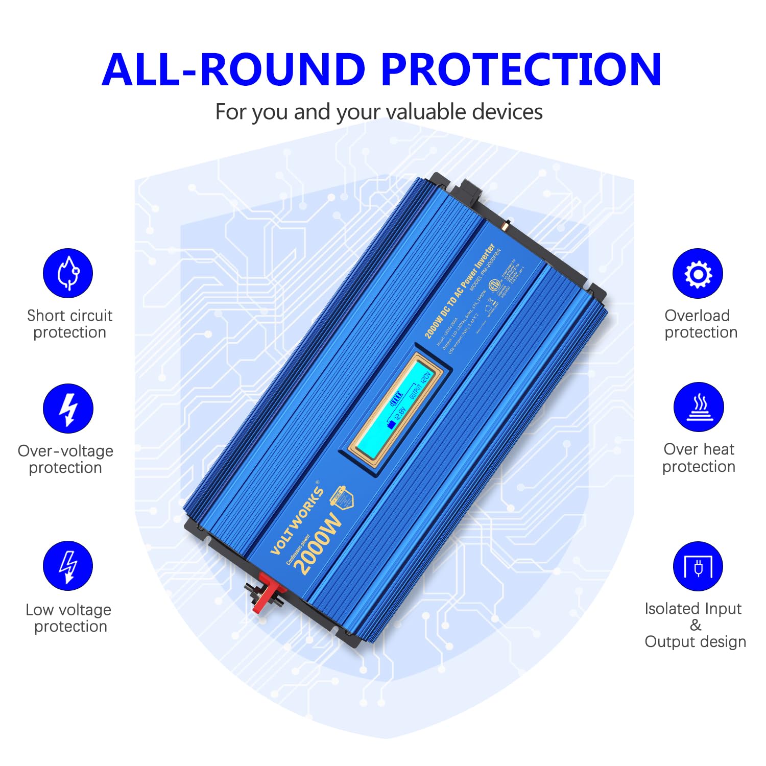Power Inverter 2000w DC 12V to AC 120V ETL UL458 VOLTWORKS