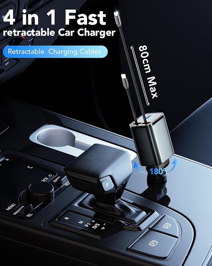 Upgraded Retractable Car Charger Adapter,4 in 1 Fast Charging Car Phone Charger,69W USB C Car Truck Accessories,Road Trip Essentials Gift for Men Women for iPhone 16/15/14/13/12/11,Galaxy,Pixel