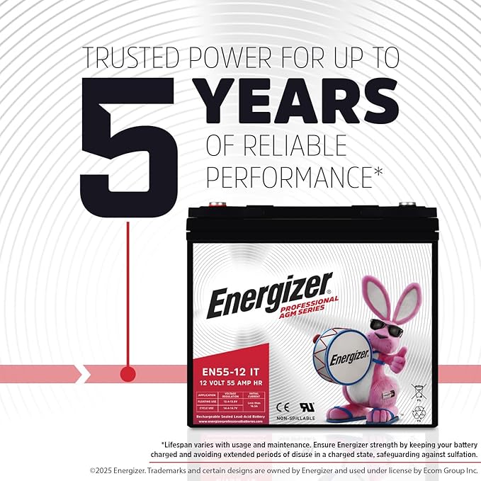 Energizer EN55-12IT - 2 Pack - 12 Volt 55 Amp Hr, Long Lasting Sealed Lead Acid AGM Rechargeable Battery Ideal for Use in Electric Scooters, Wheelchairs, Emergency Lighting, Backup Power, and More