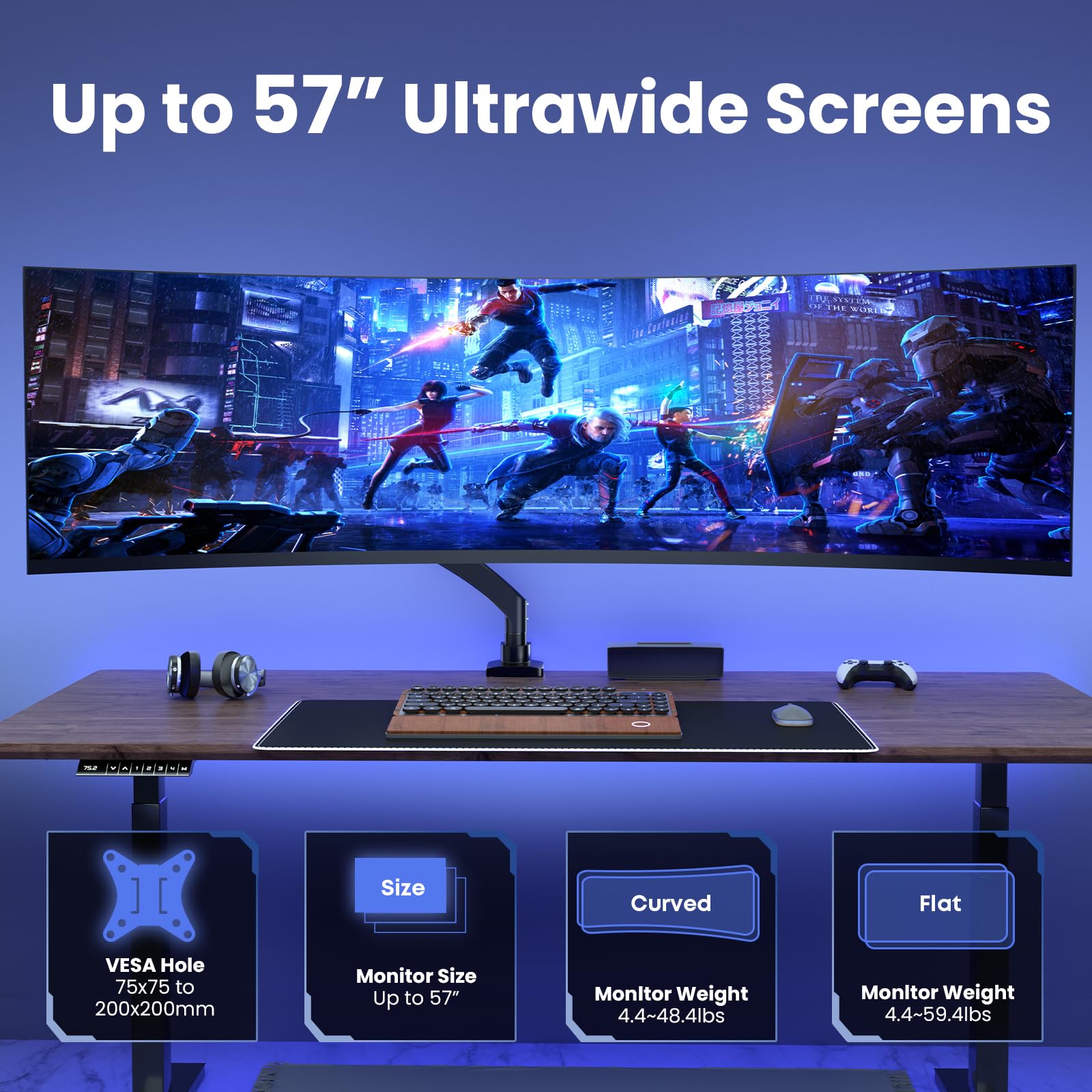 Ultrawide Monitor-Arm Heavy Duty 22-57‘’ - PUTORSEN Aluminum Single Monitor Mount Holds up to 59.4 lbs, Premium Adjustable Desk Mount Stand, VESA 75/100/200 mm, Black
