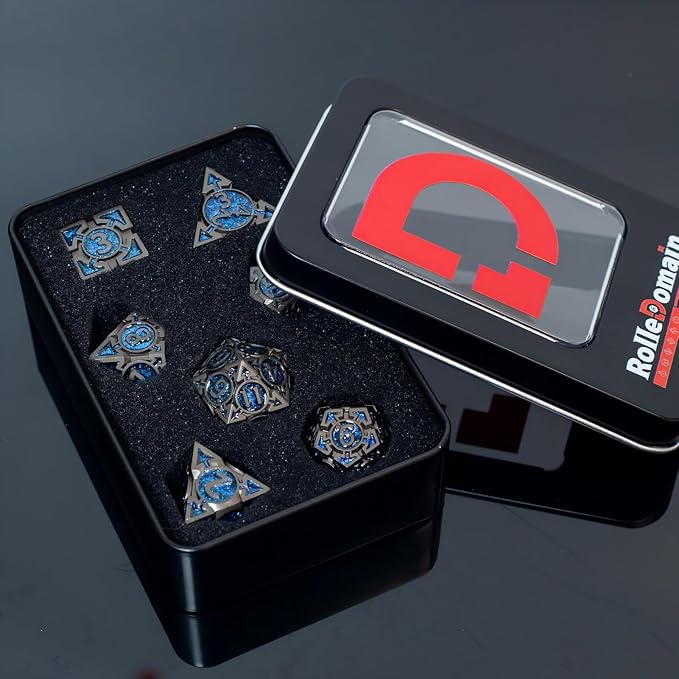 Blue Black Nickel Finish Heavy Metal DND Dice Set (Wizard) with A Metal Box, Sharp Edge Zinc Alloy D&D Accessories, D4-D20, Designed for Dungeons & Dragons Master, RPG Player, Starter