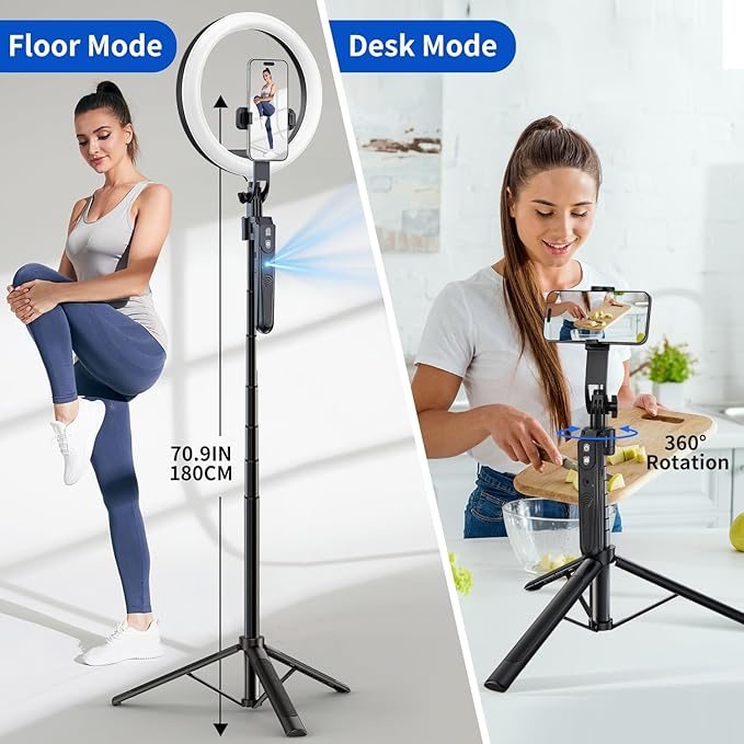 70.9" Auto Face Tracking Tripod 360° Rotation with 10" Ring Light, Phone Tripod & Selfie Stick with Remote for Cell Phone 4"-7", Motion Sensor Phone Tripod for Tiktok Live Stream Vlog Video Recording