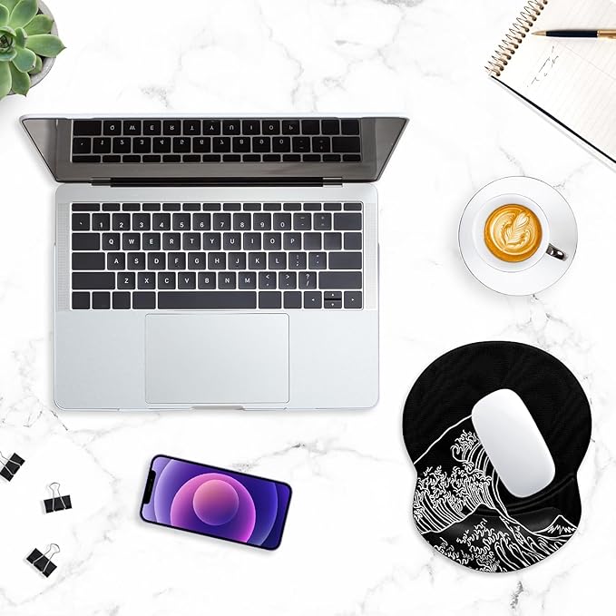 ITNRSIIET Ergonomic Mouse Pad with Gel Wrist Support Small Wrist Rest Smooth Surface Non-Slip PU Base Comfortable Office Supplies Pain Relief, 8.7 x 7.2 inches, Rolling Wave