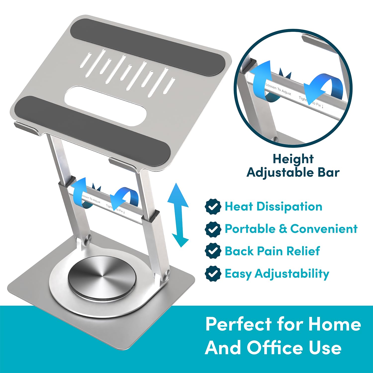 Lifelong 360 Rotating Adjustable Laptop Stand, 16" Tall Riser - Silver