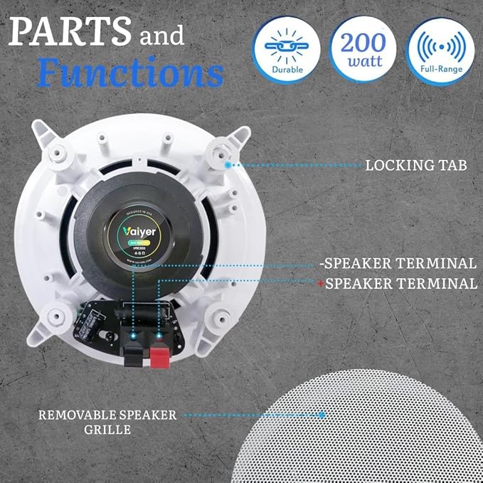 Vaiyer Home Audio System Kit, 6-Channel 6000 Watts Bluetooth Amplifier with 6.5" 8 QTY of 200 W Each in-Wall in-Ceiling Speakers & 16AWG 500 ft. Speaker Wire Perfect for Home, Office, Restaurants, Bar