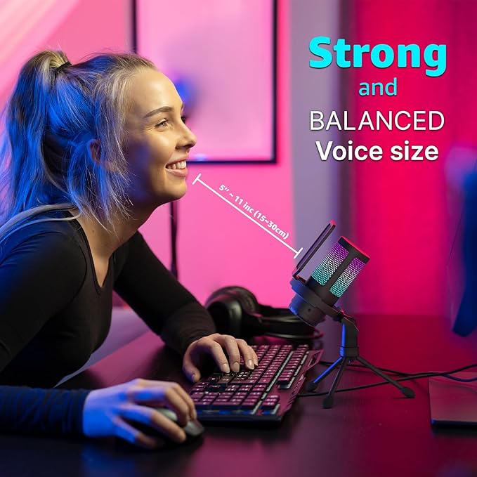 IXTECH USB Gaming Microphone for PC, RGB Condenser Microphone with Tripod Stand, Pop Filter, Rotate Gain Button, and Quick Mute, Noise Cancellation Computer Mic for Streaming, Gaming, Podcasting
