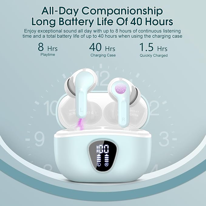 Wireless Earbuds, Bluetooth 5.4 Headphones HiFi Stereo, Bluetooth Earbuds with ENC Noise Cancelling Mic, IP7 Waterproof in Ear Earphones, 48H, LED Display Ear buds for Pad Workout Sports, Azure