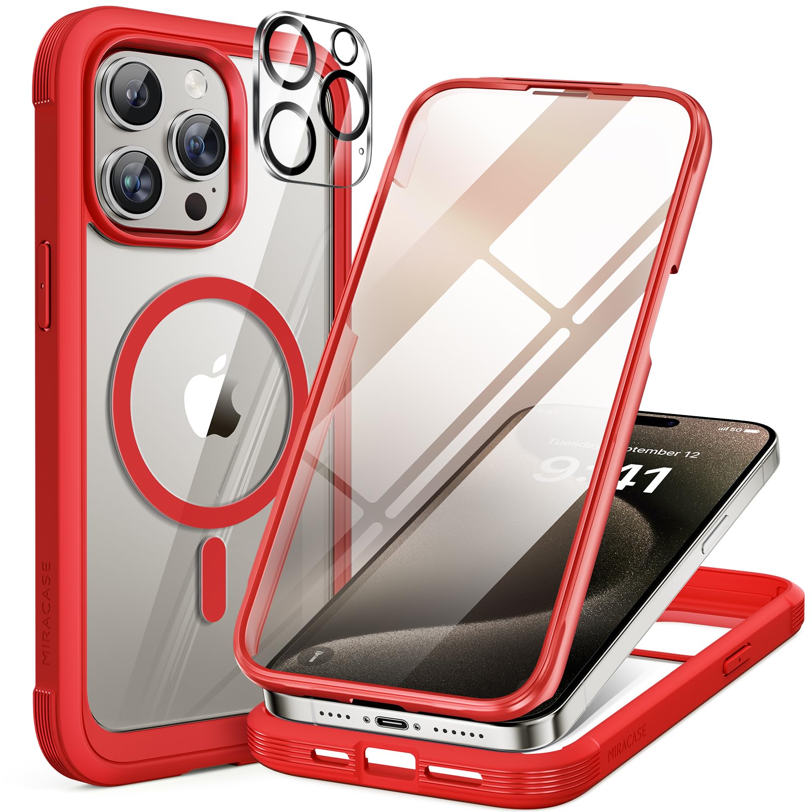 Miracase Magnetic for iPhone 15 Pro Case Full-Body Bumper Phone case with Built-in Glass Screen Protector& Camera Protector, Military Drop Proof 15 Pro Cover, Magnetic Red
