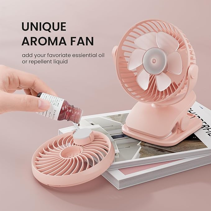 Shinebella AA Battery Powered Clip on Fan with 4-Speed, 5’’ Small Desk Fan with Aroma Function, USB Powered, 360°Rotation, Ultra Quiet, for Golf Cart, Stroller, Bedroom,Car(Batteries Not Included)