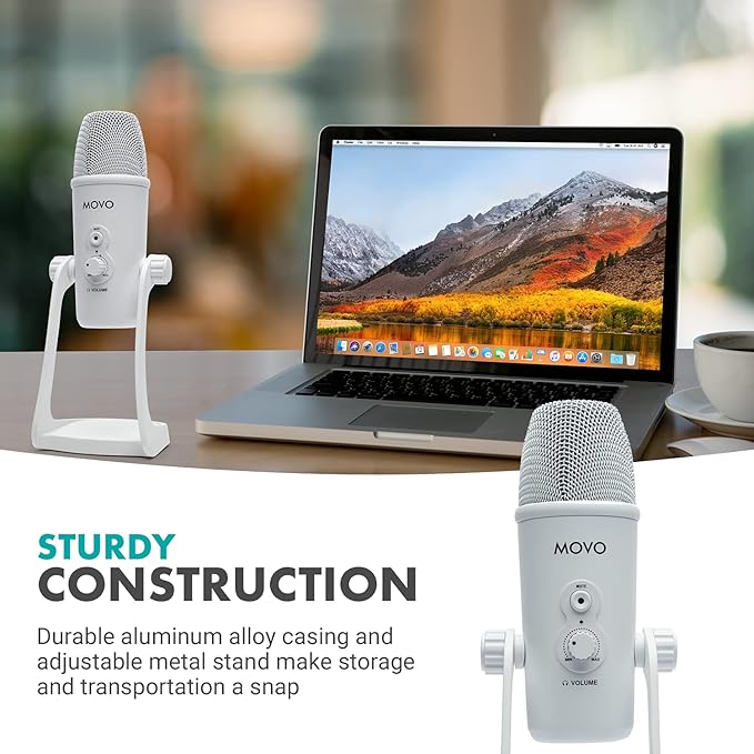 Movo UM700W White Desktop USB Microphone for Computer - Studio Mic with 4 Pickup Patterns - USB Gaming Microphone for PC, Mac, and Android - Best Mic for Podcast Recording and Streaming Setup