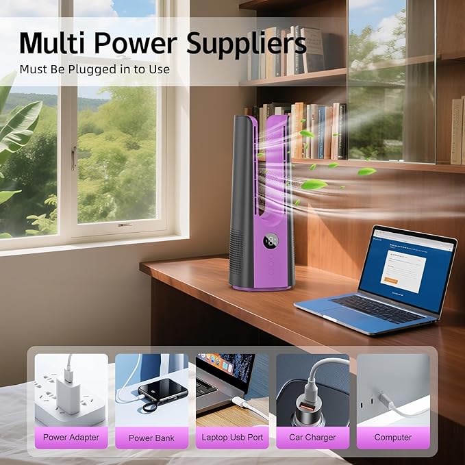 Desk Fan, 13 Inch Portable Bladeless Fan, Small Quiet Table Fan with 60°Oscillating, 9 Speeds & 9H Timer, LED Display, Button Control, Easy to Clean, Personal Desktop Fan for Bedroom, Office