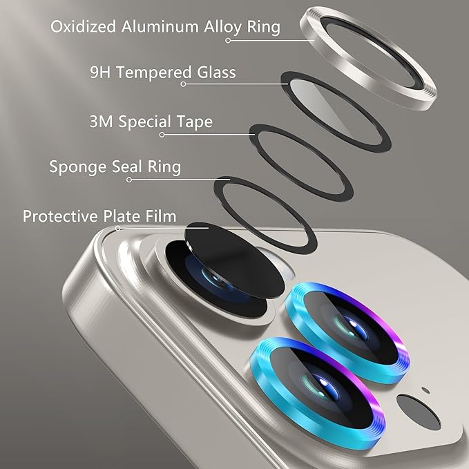 AGVEE 3+3 Camera Lens Protector for iPhone 15 Pro 6.1" / 15 Pro Max 6.7", Brushed Metal Ring 9H Tempered HD Glass Camera Protector Cover Film, Original