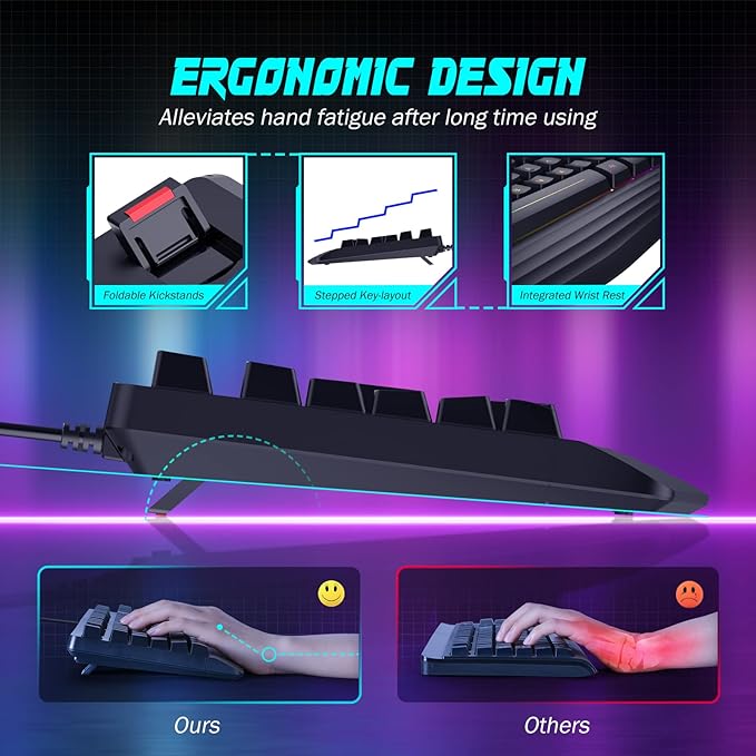 Gaming Keyboard, 7-Color Rainbow LED Backlit, 104 Keys Quiet Light Up Keyboard, Wrist Rest, Whisper Silent, Anti-ghosting Multimedia Keys, Waterproof USB Wired Keyboard for PC Mac Xbox