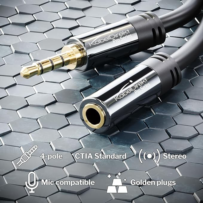 KabelDirekt – Headset Extension Cable – 15ft – Headphone Extension Cord with Break-Proof Metal Plug for Gaming Headsets & Headphones with Microphone, TRRS, 4-Pole, 3.5mm Male to Female
