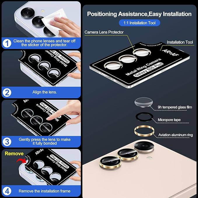 for Samsung Galaxy S25 Plus Camera Lens Protector, Individual Metal Ring Tempered Glass Lens Cover, [Strong Adsorption] Scratch Resistant Ultra-Thin HD Clear Lens Cover, 1 Set-Gold Ring