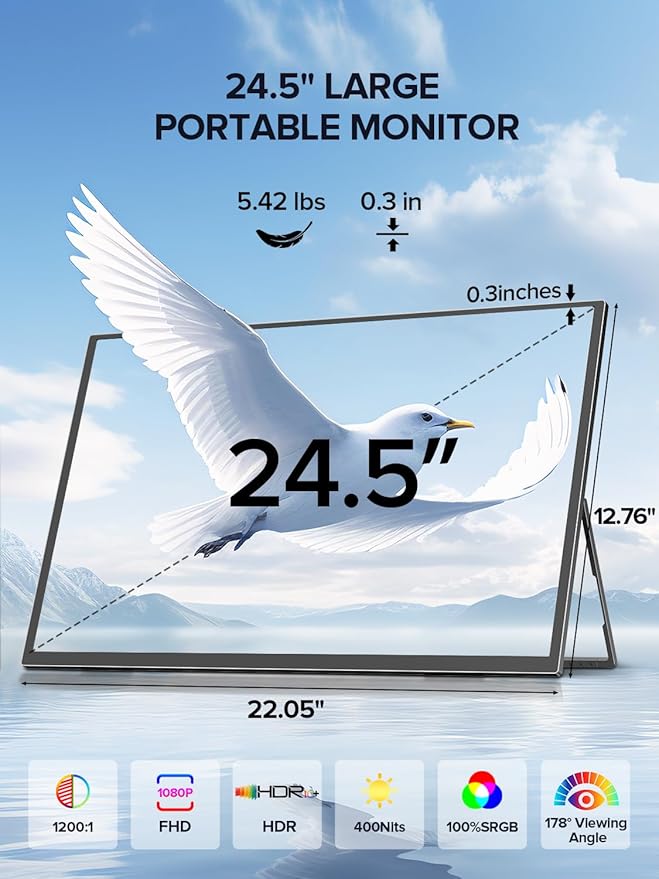 UPERFECT 24.5" Portable Monitor 240Hz Gaming Monitor 1200:1 Contrast FreeSync 1ms Fast IPS Large Screen, Built-in 180° Adjustable Stand/VESA, USB-C HDMI Second Screen for Laptop, Phone, Game Console