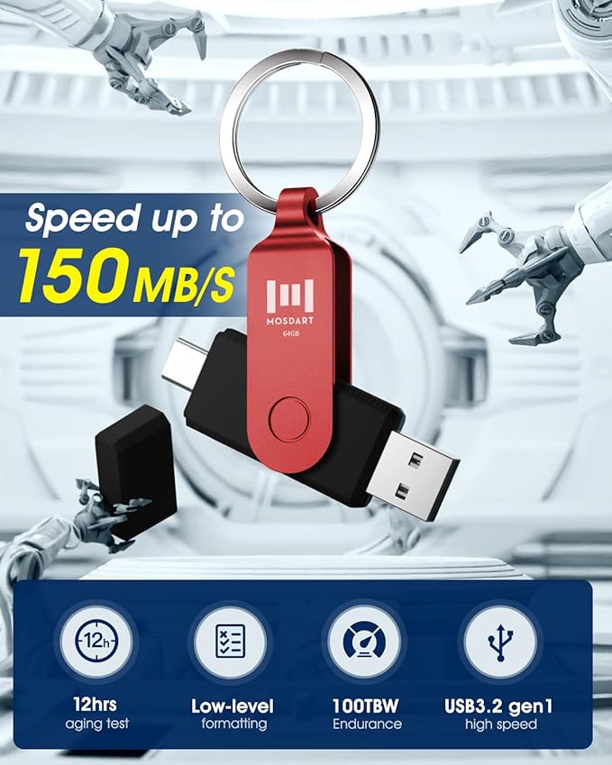 MOSDART 64GB USB3.1 Fast Speed C and A Dual Flash Drive, exFAT Memory Stick with Keychain and LED Indicator, for iPhone 15 and 16, Android Phone, iPad, MacBook, and Other Laptops, Red