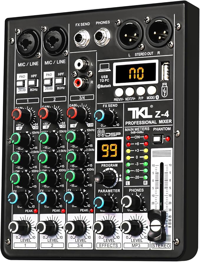 4 Channel Audio Mixer, Professional DJ Mixer Sound Board Mixing Console with 99-Bit DSP Effect, Bluetooth USB Interface Stereo Mixer Board with 48V Phantom Power For Recording Live Stream