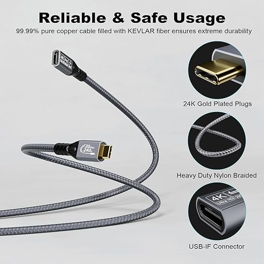 CABLEDECONN Type C Cable 3ft 1m, 240W 48V/5A USBC to USB C 3.2 Gen2×2 Extension Cable, 20Gps Male Female Extender Cable, 4K@60Hz Dual C Video Cord Compatible with MacBook Pro