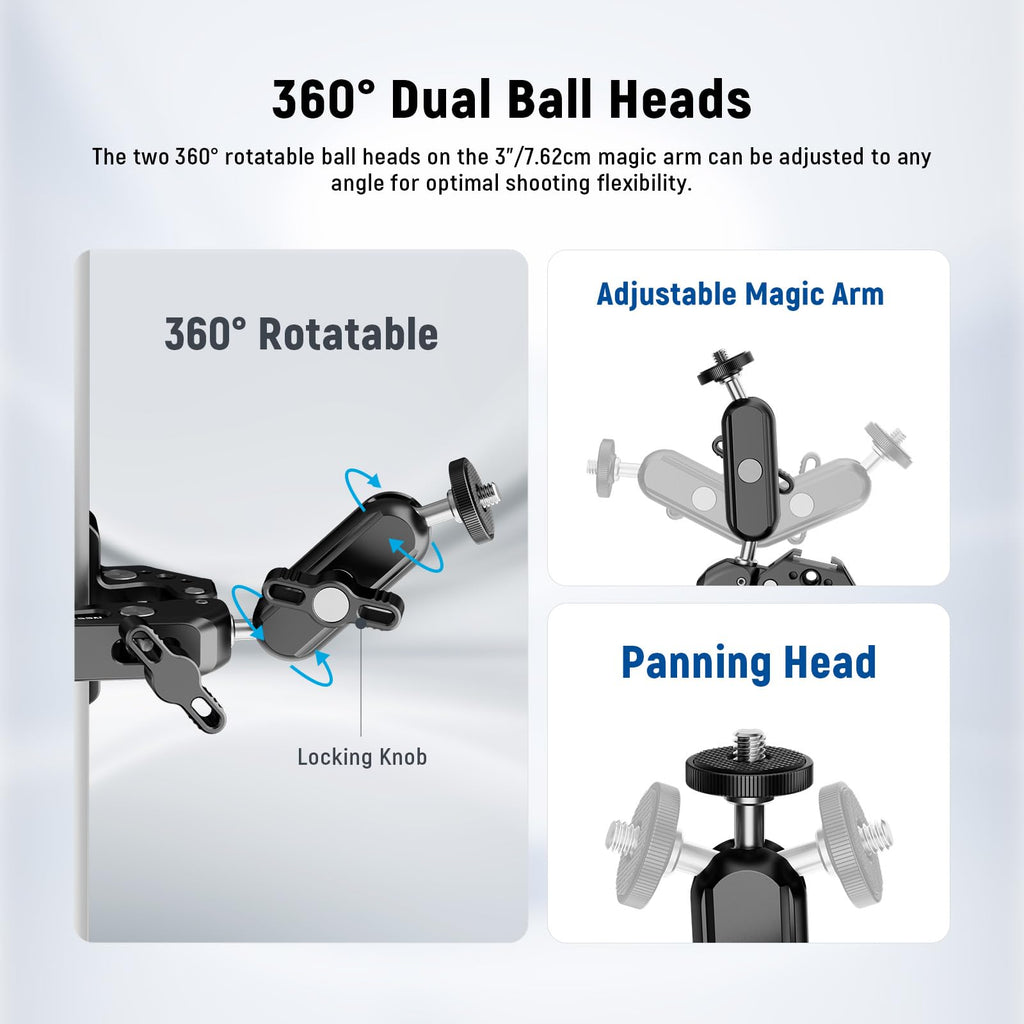 NEEWER Super Clamp with 3" Dual Ballhead Magic Arm, Camera Phone Clamp Mount with 1/4" 3/8" Threads, Cold Shoe, Phone Holder, Action Camera Adapter Compatible with GoPro DJI iPhone 16 15 Pro Max, ST88