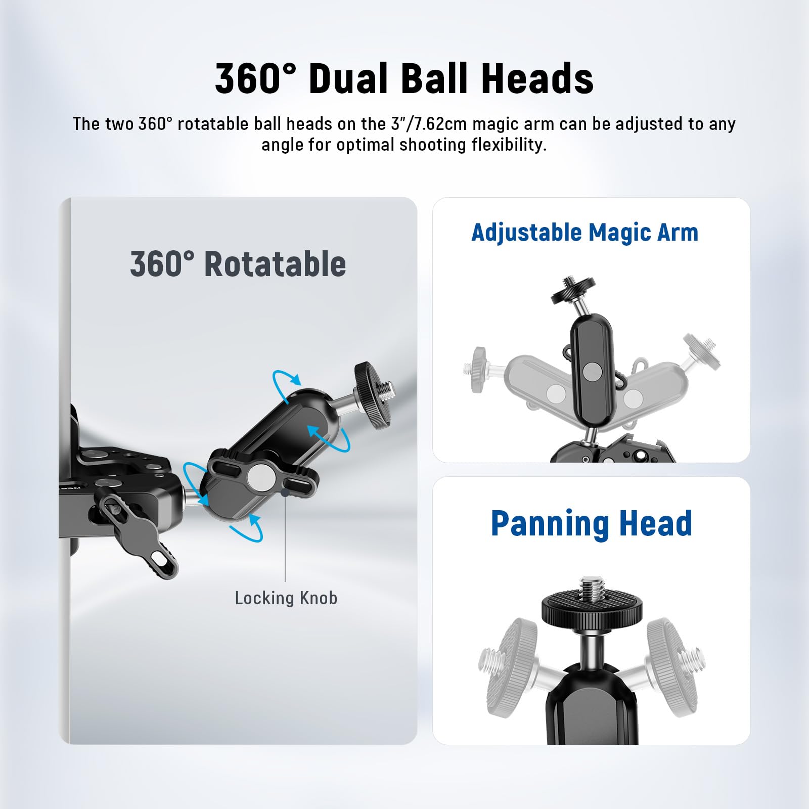 NEEWER Super Clamp with 3" Dual Ballhead Magic Arm, Camera Phone Clamp Mount with 1/4" 3/8" Threads, Cold Shoe, Phone Holder, Action Camera Adapter Compatible with GoPro DJI iPhone 16 15 Pro Max, ST88