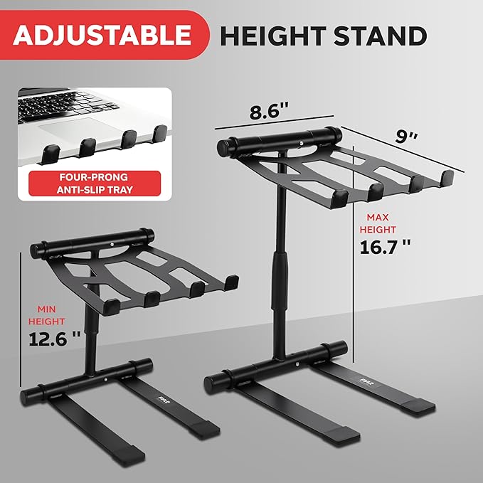 Pyle Portable Folding Laptop Stand - Standing Table with Adjustable Angle, Foldable Height and Four Prong Anti-Slip Tray for iPad, Tablet, DJ Mixer, Workstation, Gaming and Home Use - PLPTS55