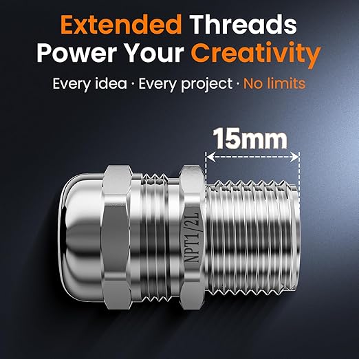 QILIPSU 2pcs 1/2" NPT 304 Stainless Steel Cable Gland Long Thread Waterproof IP68 Metal Strain Relief Cord Grip Cable Pass Through Wire Connector