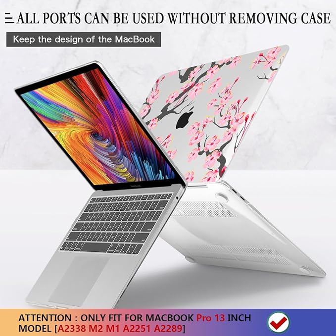 CISSOOK Hard Shell Case for MacBook Pro 13 inch A2338 A2289 A2251 2025-2020 Released, Cherry Floral Beauty Cover with Keyboard Cover and Screen Protector for MacBook Pro 13 M1 M2 - Cherry Blossoms
