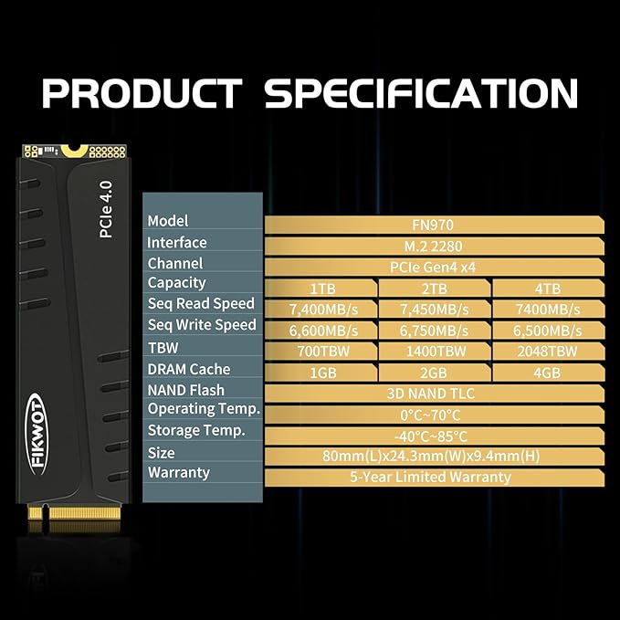 FN970 2TB M.2 2280 PCIe Gen4 x4 NVMe 1.4 Internal Solid State Drive with Heatsink - Speeds up to 7,400MB/s, Configure DRAM Cache, Compatible PS5 Internal SSD
