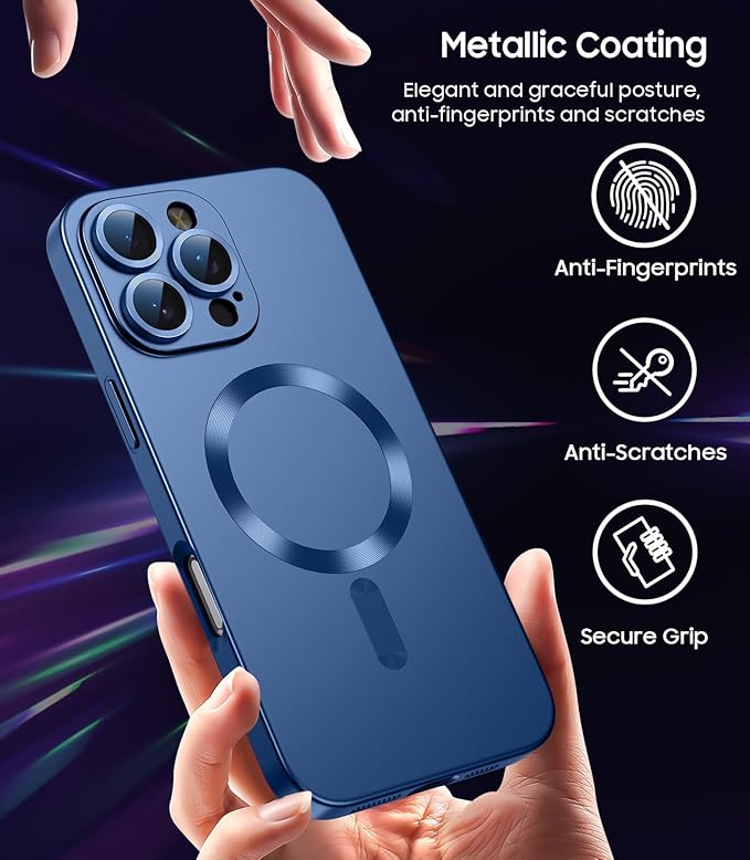 Magnetic for iPhone 16 Pro Case [Compatible with MagSafe][Built-in Camera Lens Protector] Slim Soft Silicone Bumper Shockproof Metallic Luster Phone Case (Blue)
