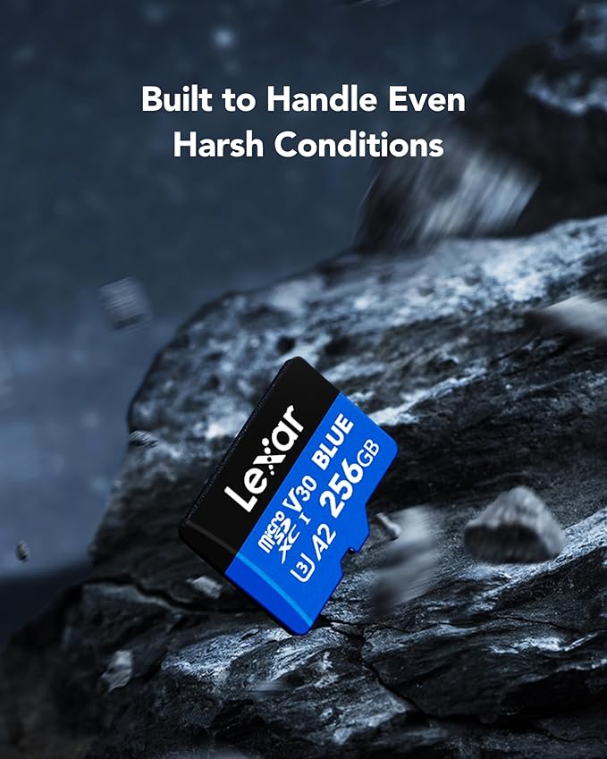 Lexar 256GB Blue Micro SD Card Up to 160MB/s, microSDXC UHS-I Memory Card with SD Adapter, C10, U3, A2, V30, Full HD, 4K UHD, High Speed TF Card