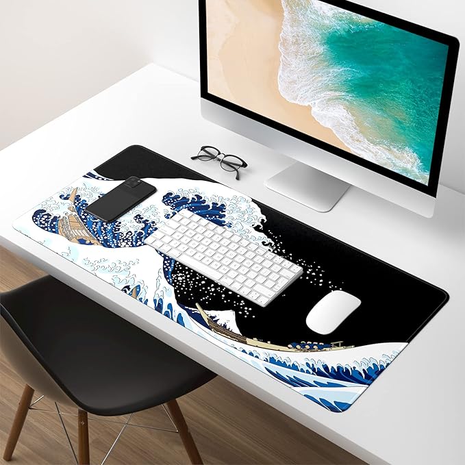 Extended Gaming Mouse Pad, XXL Large Desk Pad 30 x 14 Inch, Big Computer Keyboard Mousepad, Waterproof Mouse Mat with Stitched Edges and Non-Slip Base for Women Office Gaming, Sea Waves