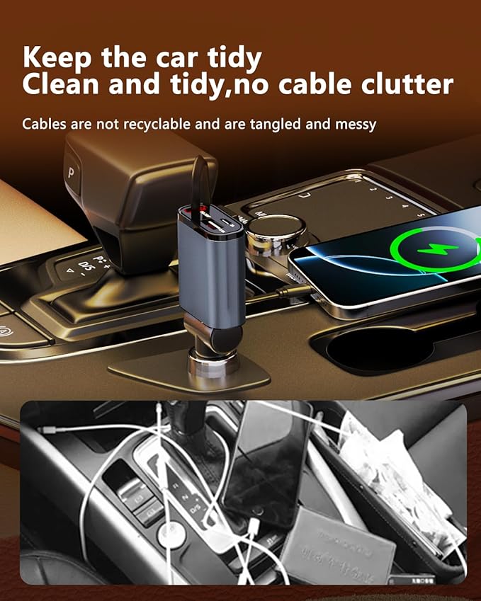 Retractable Car Charger, 3 in 1 Fast Car Phone Charger 50W, 1 TypeC Retractable Cables and USB Port, Compatible with iPhone 16/15/14/13/12/11,Galaxy,Pixel