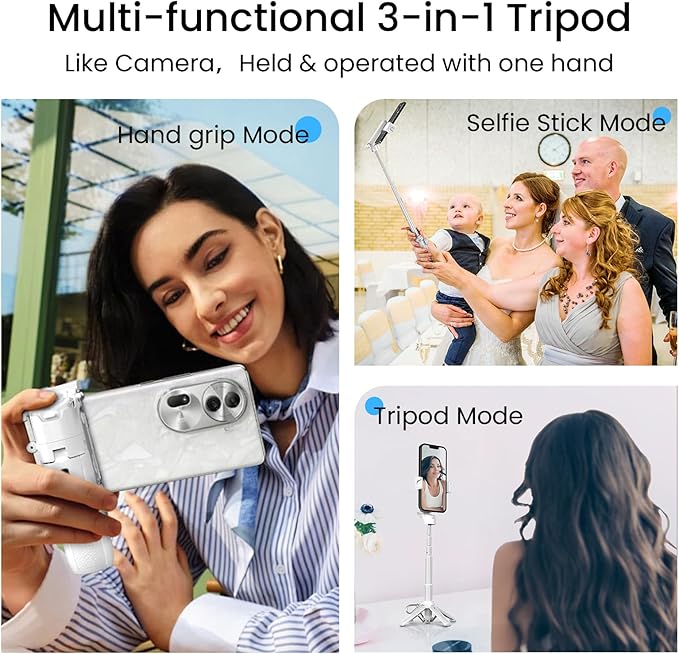 Mini Selfie Stick with 2 Fill Lights, Portable Phone Tripod with Remote and Cold Shoe Mount, Pocket Size Selfie Tripod for iPhone Android, Live Streaming, Video Recording(White)