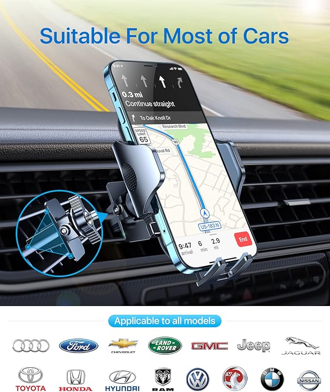 andobil 2025 Upgraded Car Phone Holder Mount for Vent, Military Sturdy Metal Clip Air Vent Phone Holder for Your Car Easy Used Cell Phone Car Mount for iPhone 16 15 14 13 12 Pro Max Samsung S25 S24