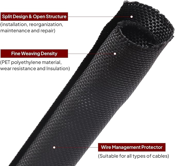 Black Braided Cable Management Sleeves Wire Loom Tubing Cord Protector Self-Wrapping (1"-15Feet)