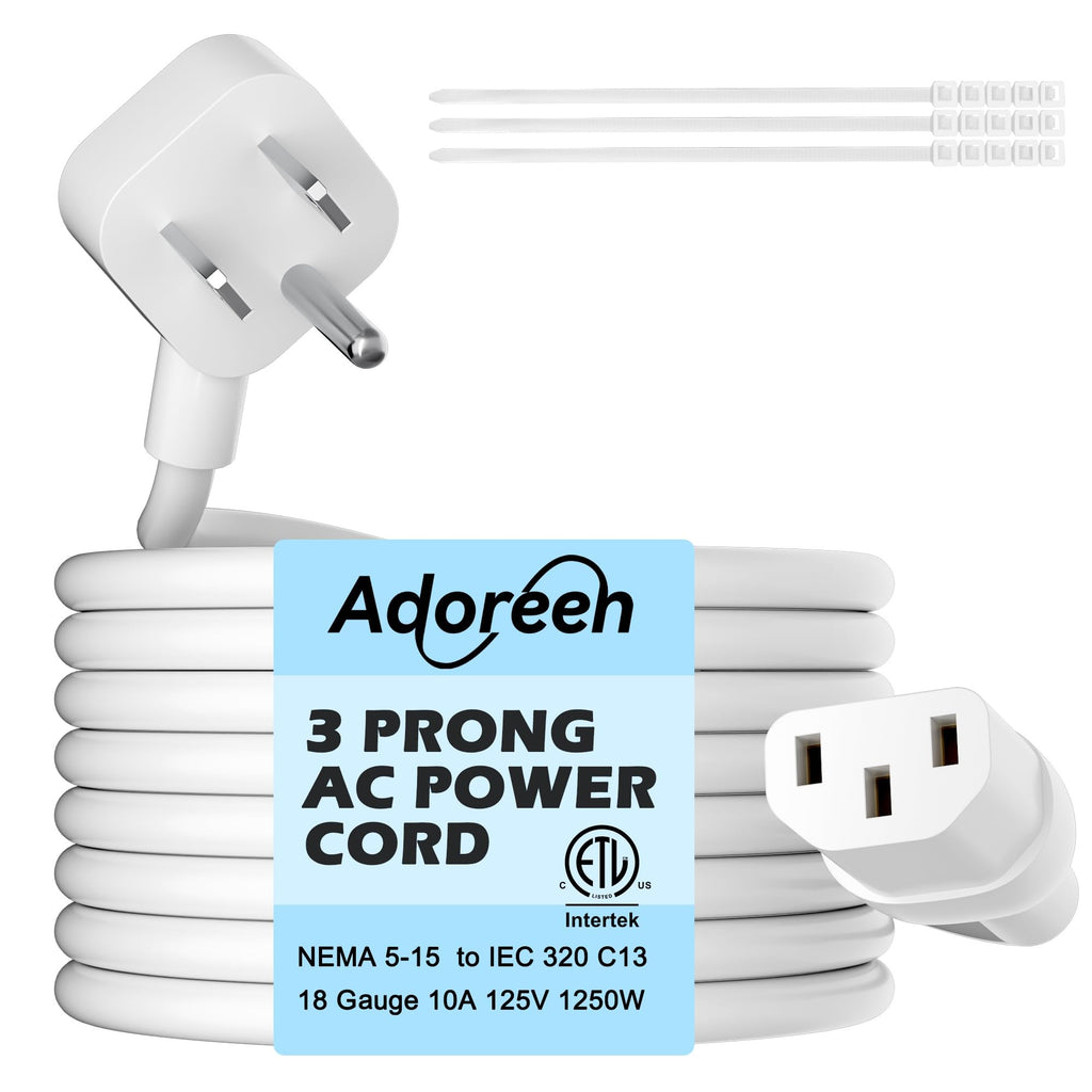 Adoreen 15 Ft Computer TV Replacement Power Cord White, Low Profile Flat Plug 18AWG 3-Prong AC Universal Power Supply Cable NEMA 5-15P to IEC 320 C13 for Printer, PC, Monitor TV LCD, ETL+Ties