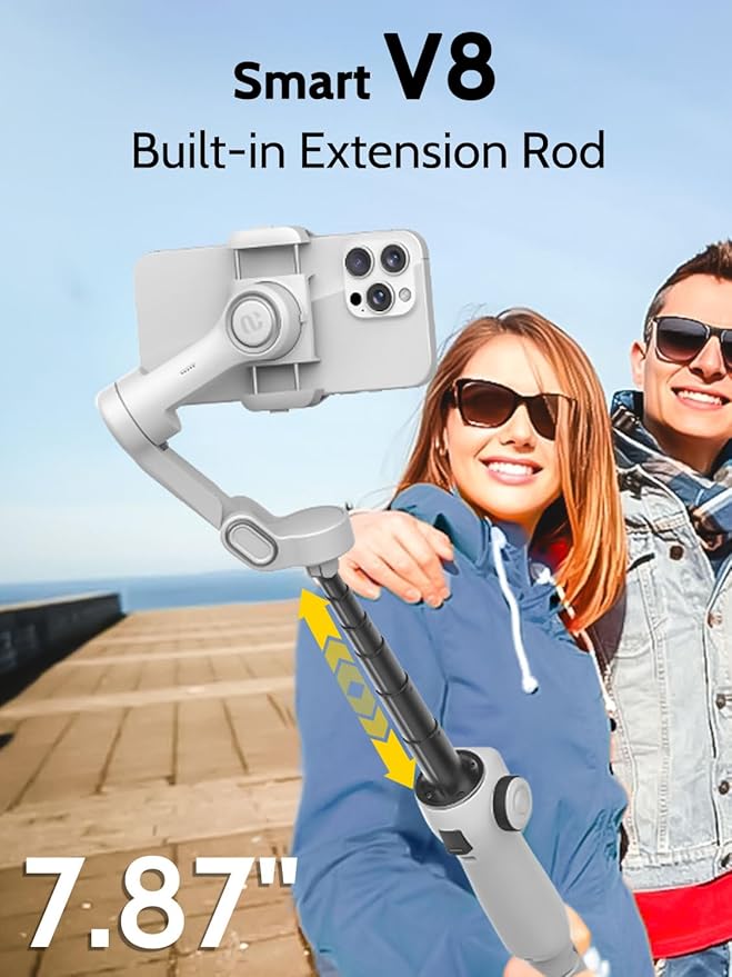 Cellphone Gimbal for Video Recording w/AI Tracking,3 -axis Vlogging Gimbal stabilizer for iPhone w/OLED Display, Smartphone Holder w/7.8' Extension Rod, Trigger Button Smart V8(White)