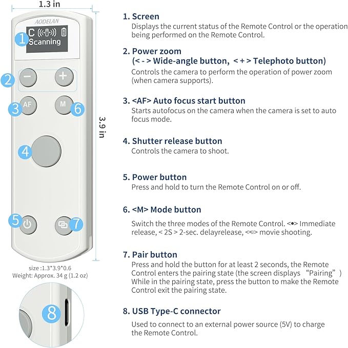 AODELAN Rechargeable Wireless Shutter Release for Canon Camera Remote Control Zoom Focus Compatible with R50,G7X Mark III,R6 Mark II,R5,R6,R7,M6 Mark II,M200,M50,90D,200D,Replace Canon BR-E1(White)