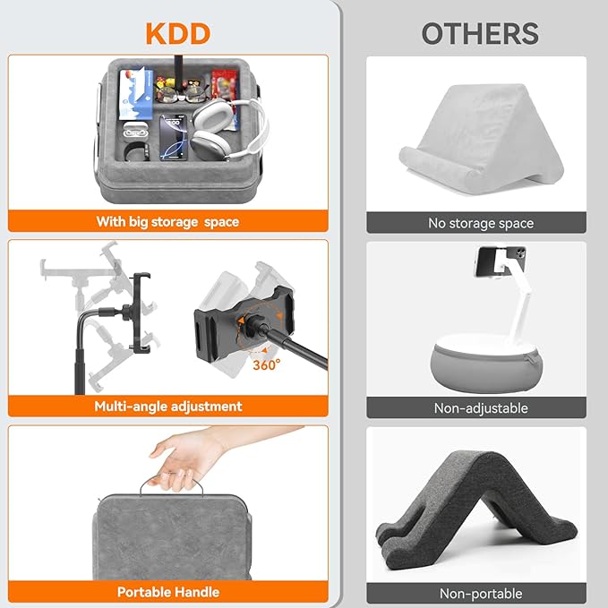 KDD Tablet Pillow Holder - 360°Adjustable iPad Pillow Stand for Lap, Bed and Desk - Gooseneck Tablet Soft Pad Dock with Storage Tray and Pocket Compatible with iPad Pro 12.9, Air Mini, Phone, E-Reader