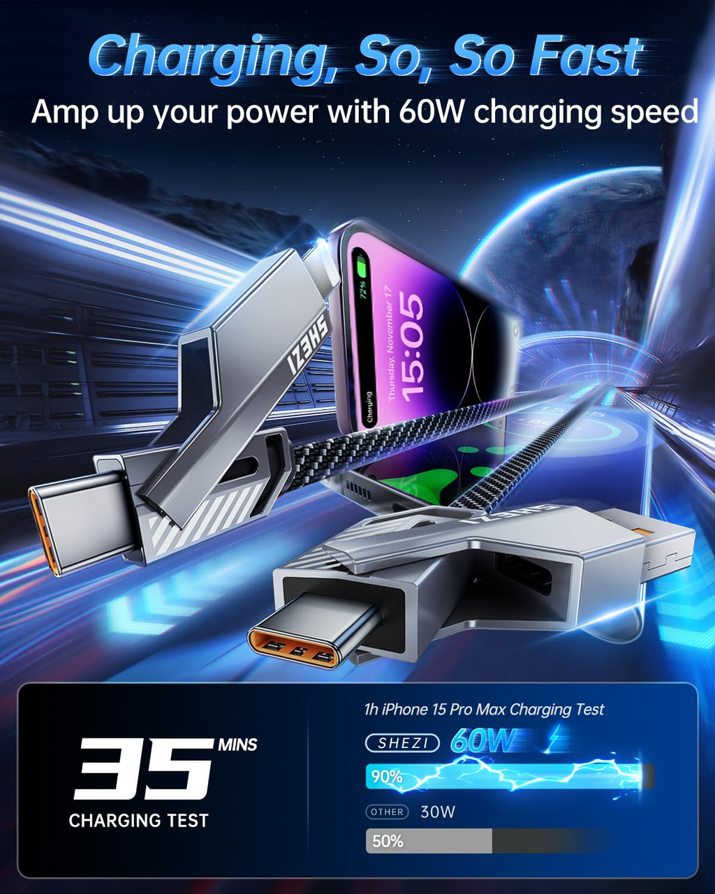 Vexipia 4-in-1 USB C Cable 60W 3FT Compatible with Lightning Cable [Fast Charging & Data Transfer] Flat Nylon Braided for iPhone iPad Charger Cord, Multi Charge Wire Combo with L/Type C/USB A Port