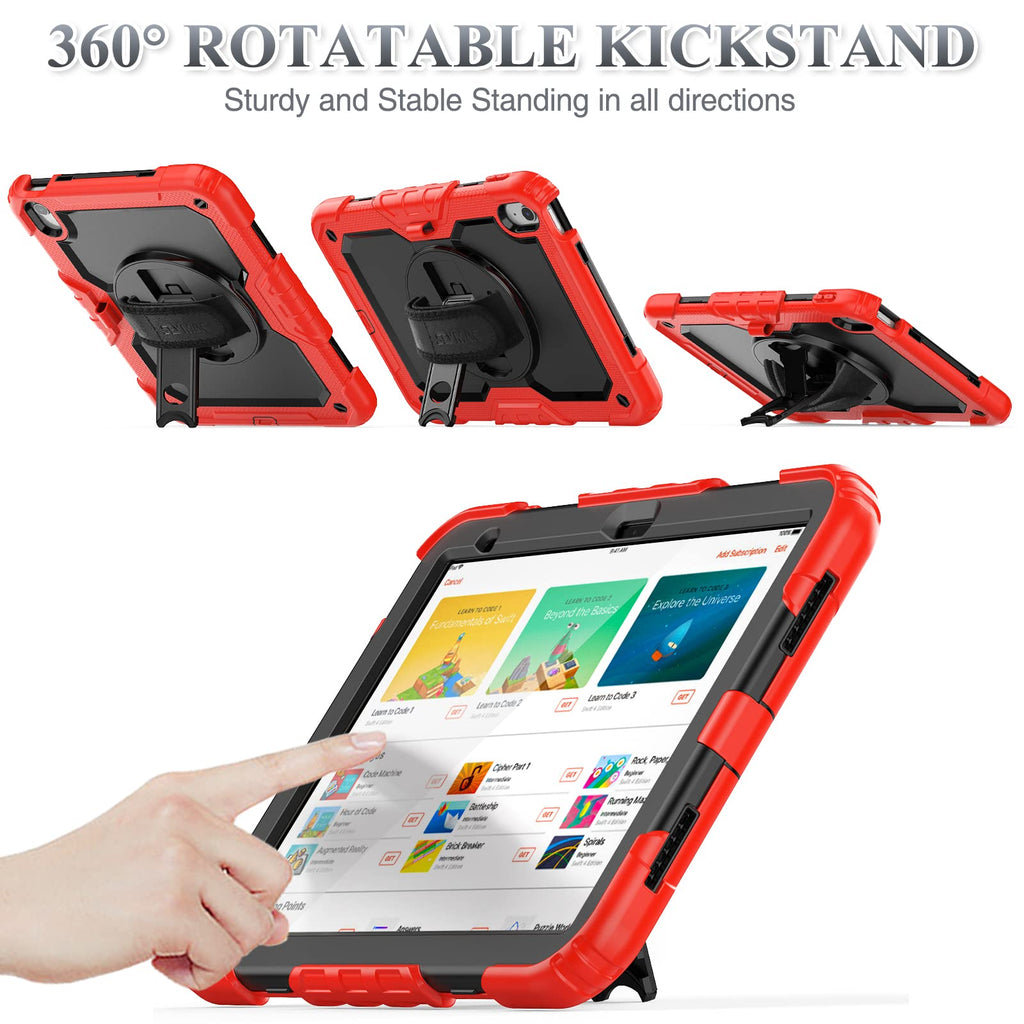 SEYMAC stock Case for iPad (A16) 11th/10th Generation 11''/10.9'' 2025/2022, Full-Body Drop Protection Case with Screen Protector &360° Rotate Hand Strap/Stand, Black+Red