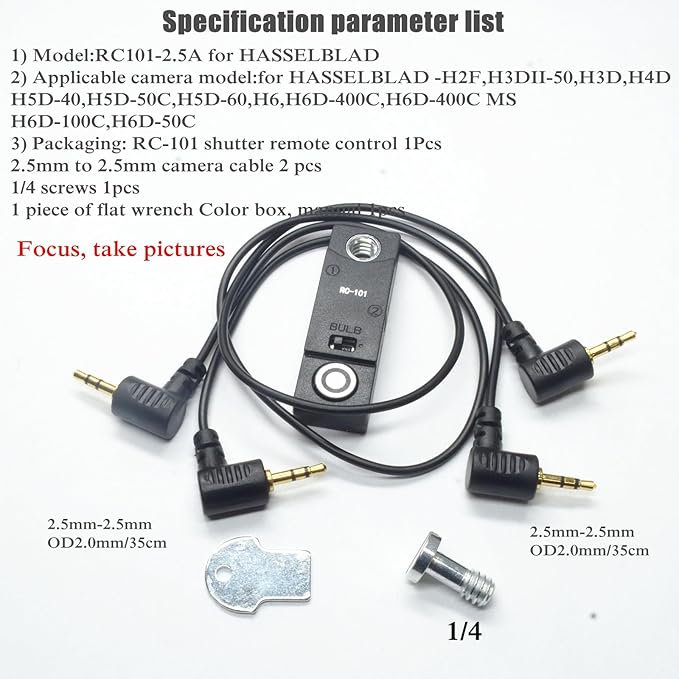 for hasselblad Cable Shutter Cable Release Remote H2F,H3DII,H4D,H5D-40,H6 Two Cameras in sync Button 1/4 Stabilizer Extension Photo Key Accessories. Small Size Control (RC101-2.5A H)
