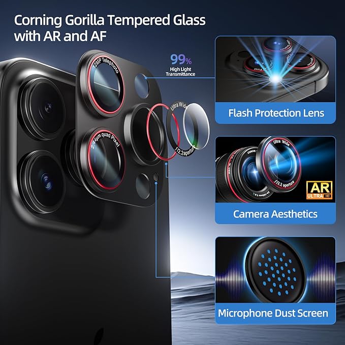 Camera Lens Protector for iPhone 16 Pro Max/iPhone 16 Pro/iPhone 15 Pro Max/iPhone 15 Pro/iPhone 14 Pro Max/14 Pro , [Military Grade Shatterproof][Full Coverage Metal] [Strong Adsorption] 9H Metal Aluminum Alloy Tempered Glass Camera Screen Cover, [Cas...