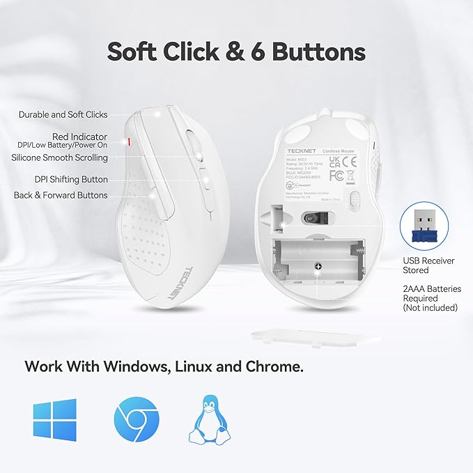 TECKNET Wireless Mouse, 2.4G Ergonomic Optical Mouse, Computer Mouse for Laptop, PC, Computer, Chromebook, Notebook, 6 Buttons, 24 Months Battery Life, 4000 DPI, 6 Adjustment Levels