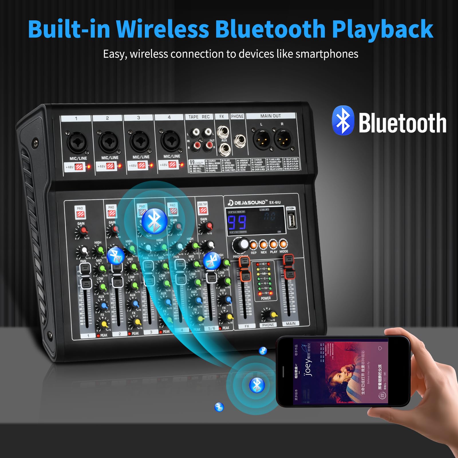 6-Channel Audio Mixer for PC, SX-6iu Mixing Console with XLR Inputs, Bluetooth, 99 Digital Signal Processor Effects, USB Interface, MP3 Compatible for Podcast, Music, Recording 9.84"x2.17"x12.6"inches