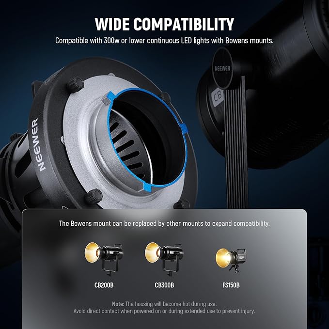 NEEWER Spotlight Snoot with 20° Projection Lens, Adjustable Focus, 16 Metal Gobos 5 Color Gels, Bag, Conical Snoot for Bowens Mount LED Continuous Output Lighting Studio Video Light Up to 300W, LS-39