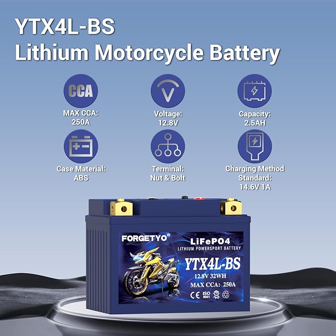 YTX4L-BS Lithium Motorcycle Battery, ATV Battery 12V 2.5AH 250CCA Compatible with Scooter, Snowmobile, Jet Ski, Scooter, PWC & More
