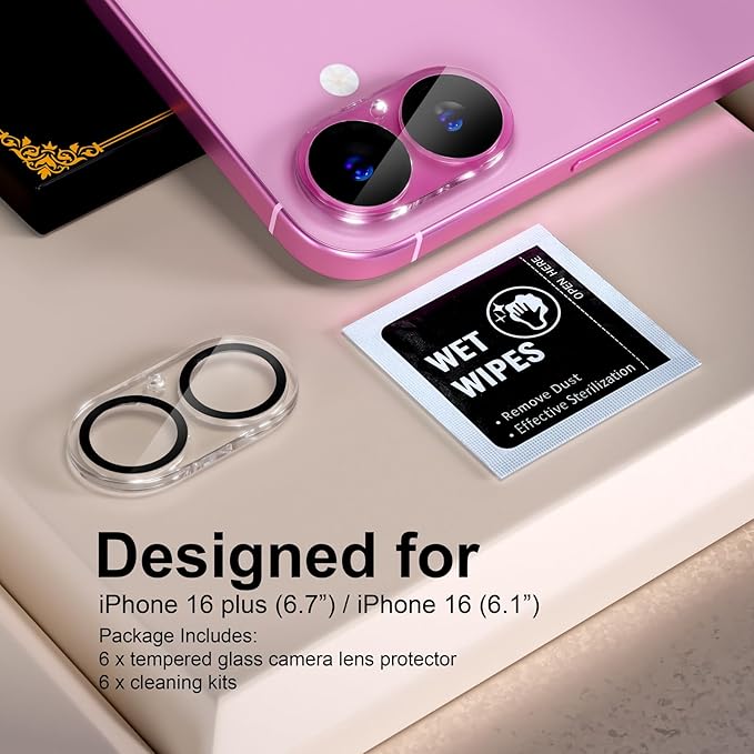 beuxece for 6 Pack iPhone 16 / iPhone 16 Plus Camera Lens Protector [Drop Protection] [Case Friendly] [Easy Installation] 9H Tempered Glass Camera Screen Protector Cover Accessories, Clear